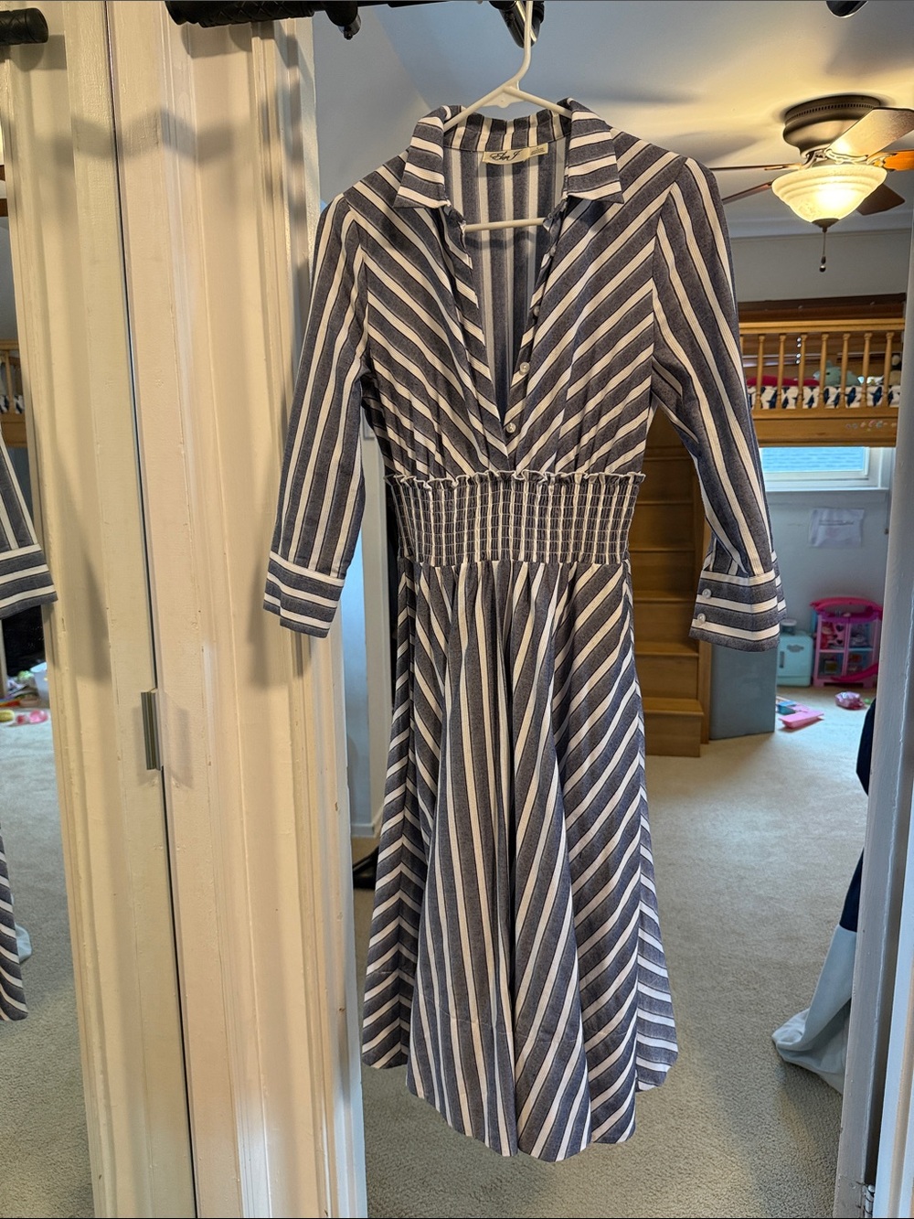 Eliza J Navy and White Striped Shirtdress with Smocked Waist
